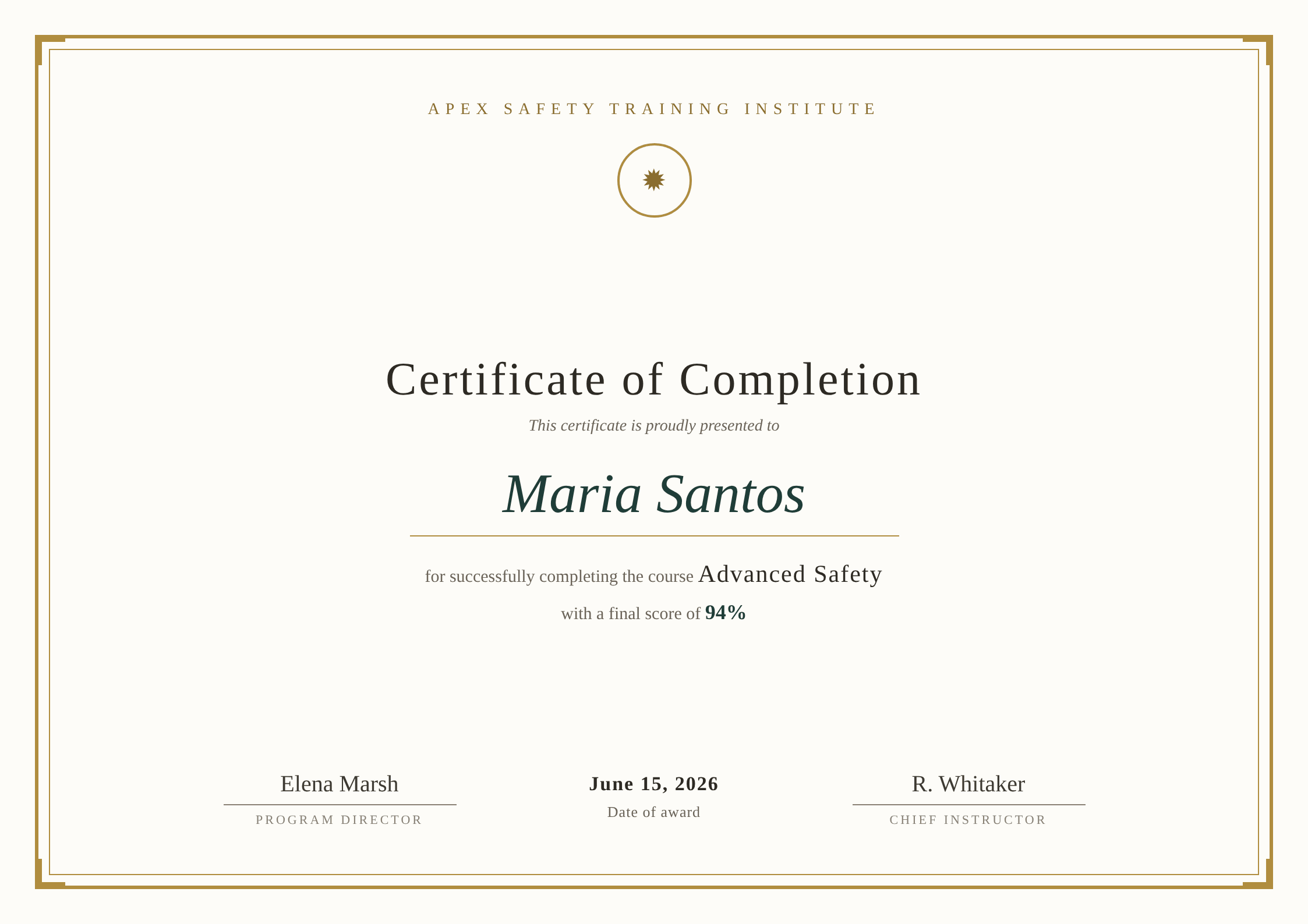 A landscape certificate of completion for Maria Santos, Advanced Safety course, with an ornate gold border.