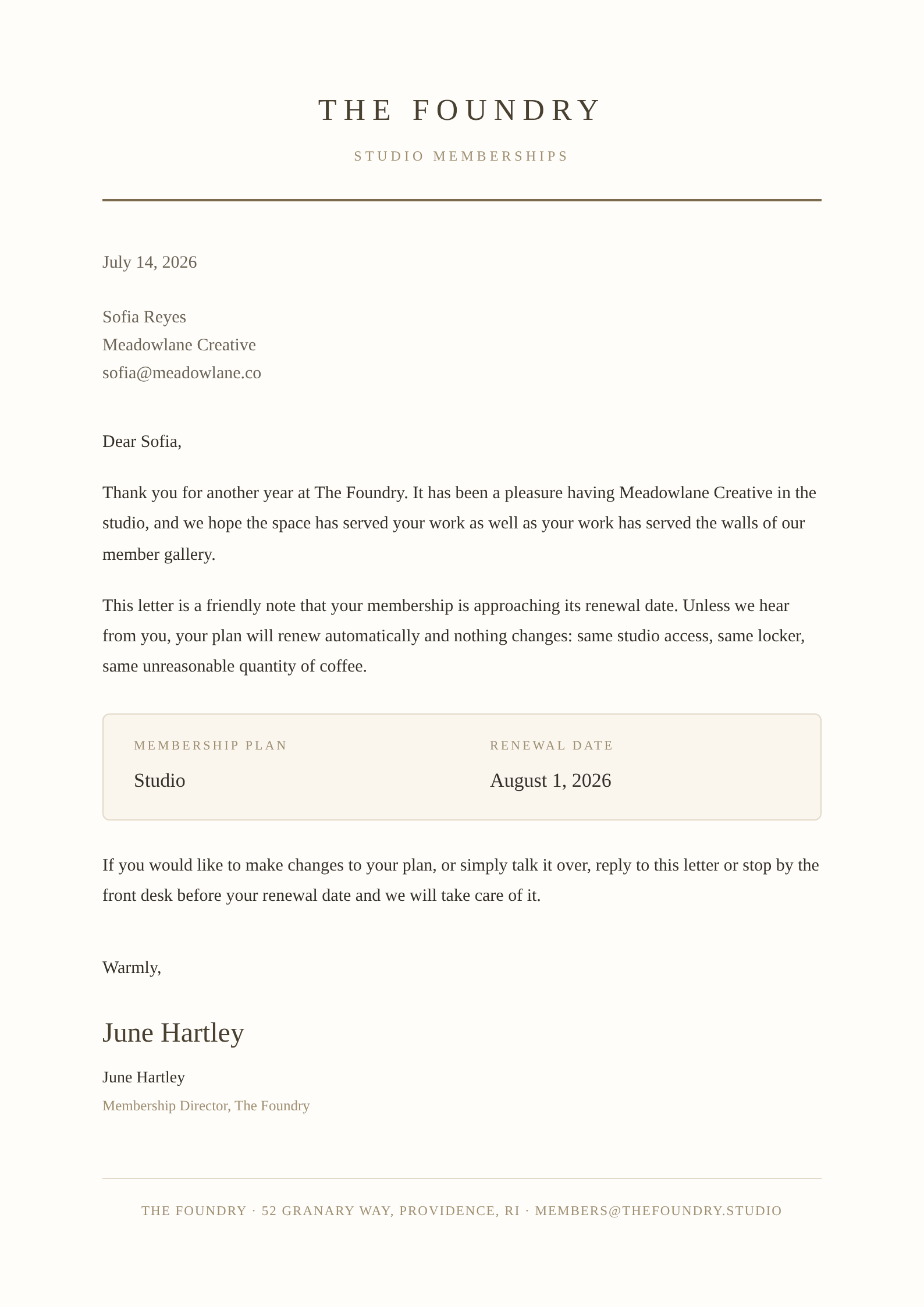 A personalized membership renewal letter on elegant letterhead from The Foundry to Sofia Reyes.
