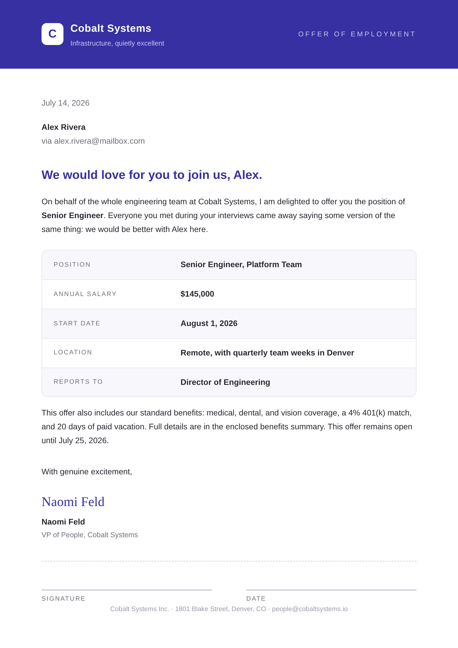 A branded offer letter from Cobalt Systems to Alex Rivera for a Senior Engineer position.